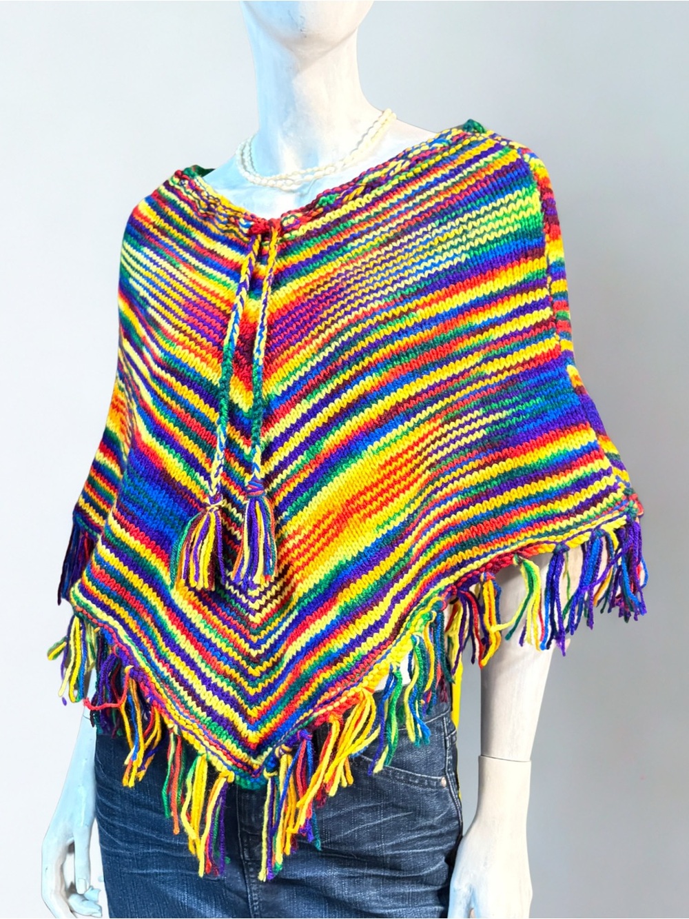 Hand-Knit Rainbow Multicolor Poncho with Fringe